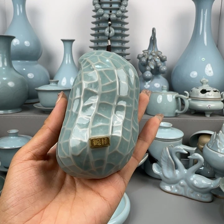 没***宝瓷片汝瓷花生仿古釉圈足烧