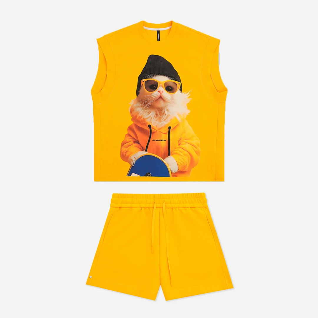 GGAHOLIDAY时尚潮流宽松休闲黄色无袖印花马甲短裤套装-153145/4