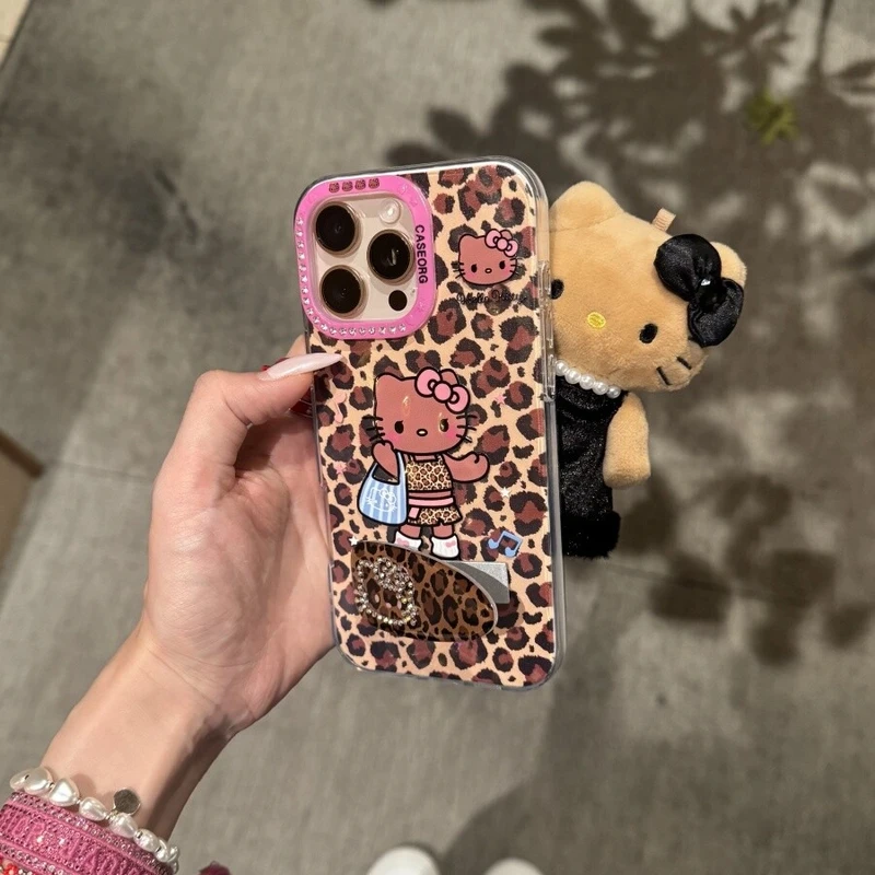 甜酷豹纹黑皮kitty发夹支架适用苹果16promax手机壳15保护套1413