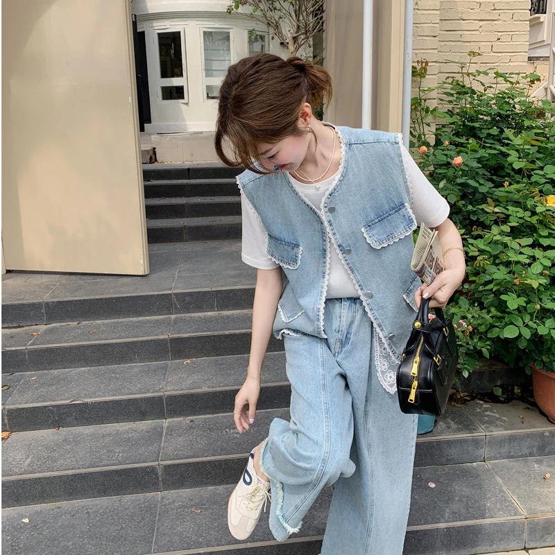 一整套ootd穿搭减龄高级感学院风牛仔马甲阔腿裤休闲爆款两件套装