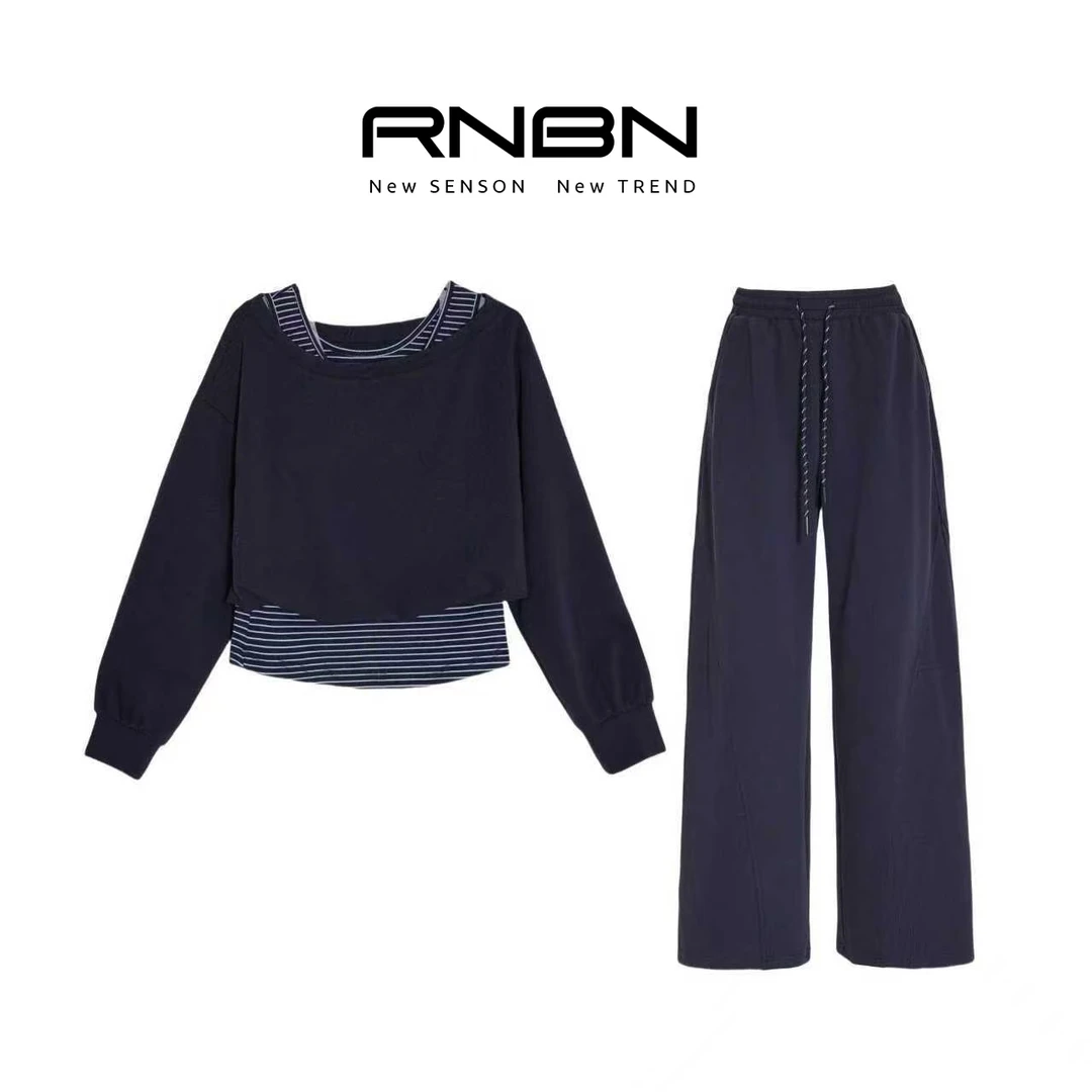 RNBN新款气质日常通勤宽松慵懒斜肩条纹假两件套装