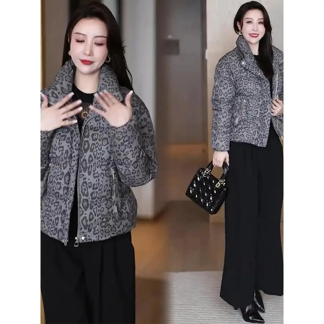 时尚豹纹短款棉衣女士2025年冬季新款加厚保暖立领棉服潮外套