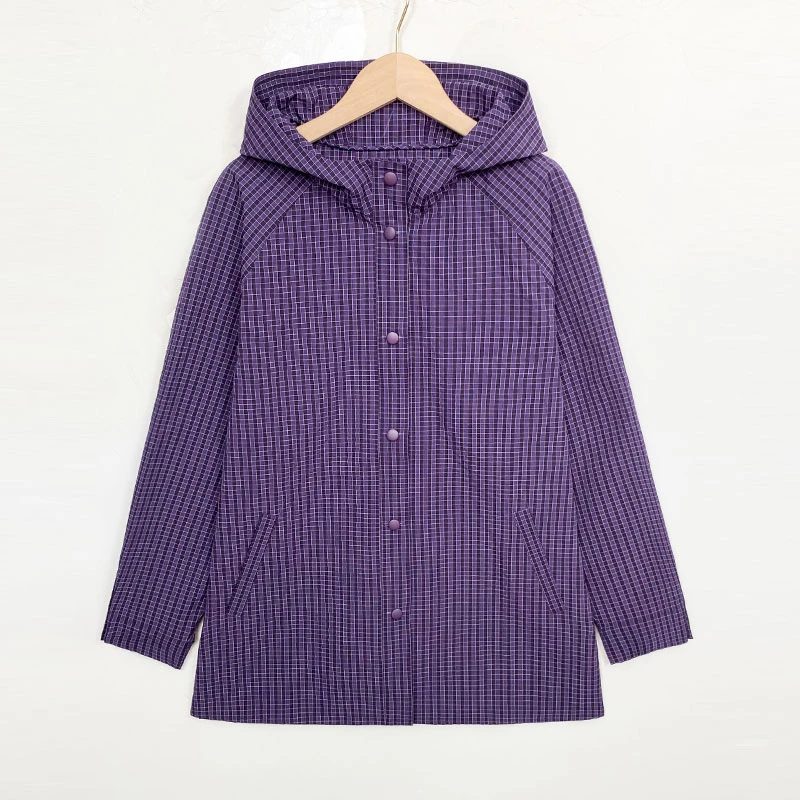 2025新款韩版连帽紫格子中长款风衣外套女带排扣宽松上衣
