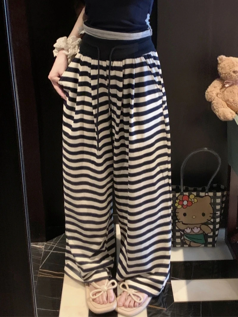 大码设计感条纹阔腿裤子女夏季薄款显瘦垂感小个子休闲直筒运动裤