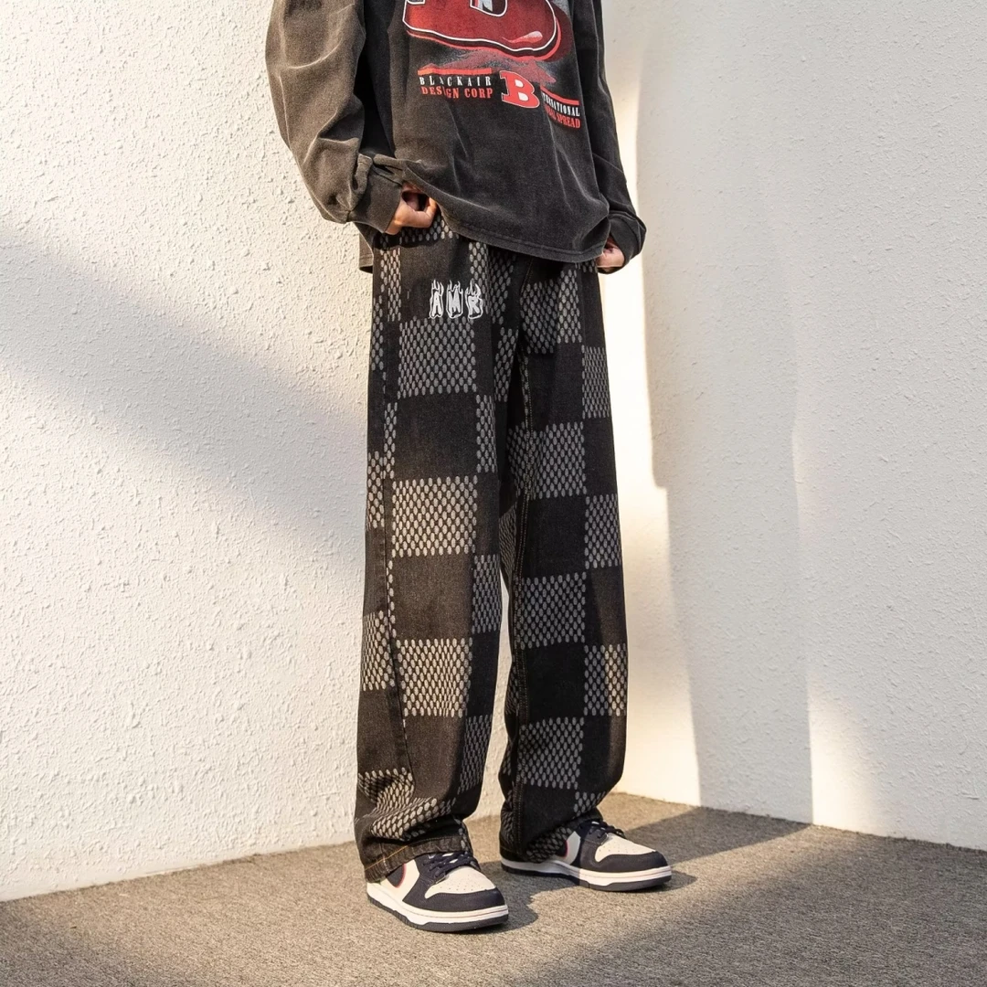 J30格子男士休闲牛仔裤春季拖地裤子宽松百搭潮流直筒男潮流