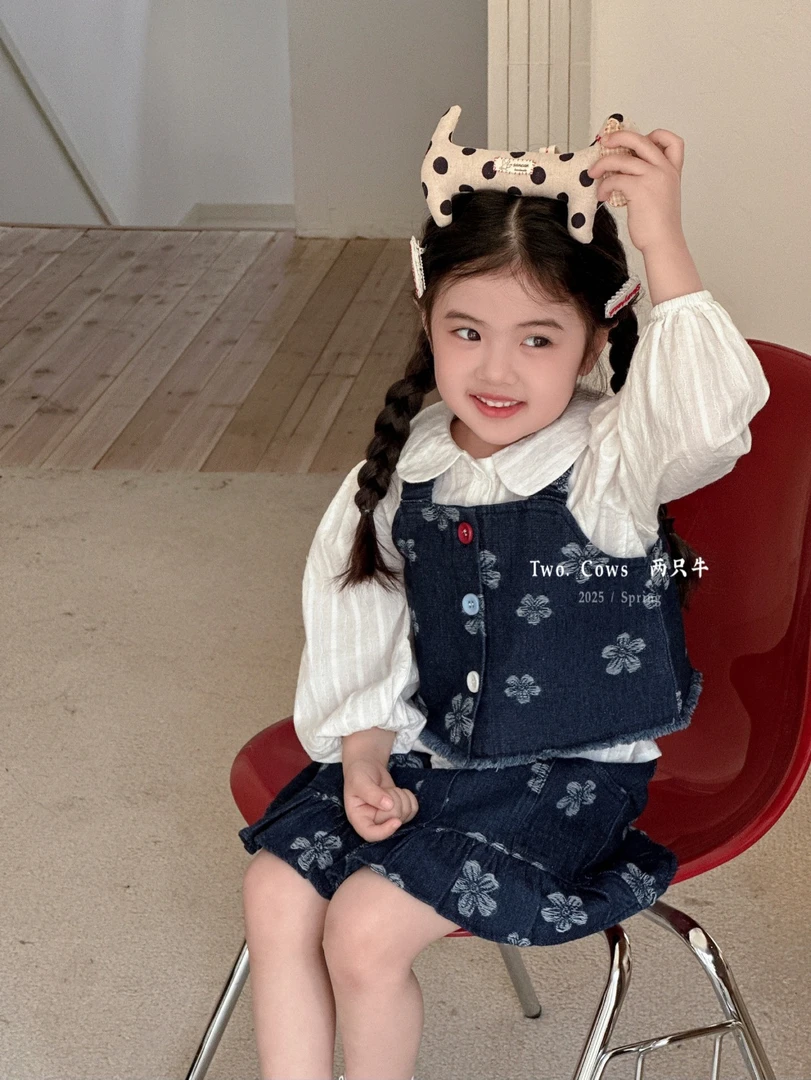 鹿小小童装2025春季女童牛仔背心阔腿裤套装女宝宝吊带裤子打底衫