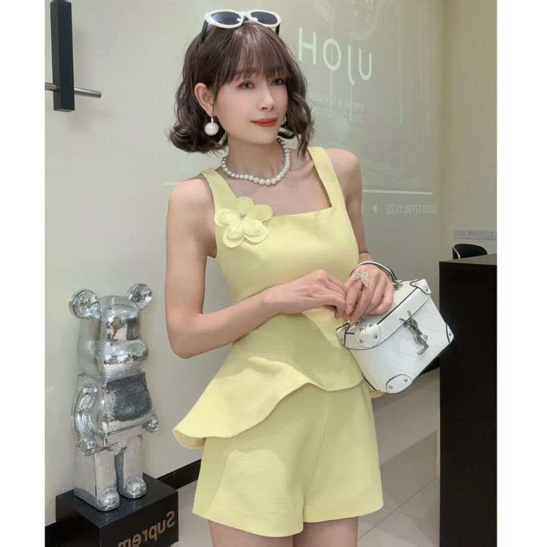 [春歌]新款鱼摆小香风套装女收腰宽肩带上衣短裤两件套时尚高级感