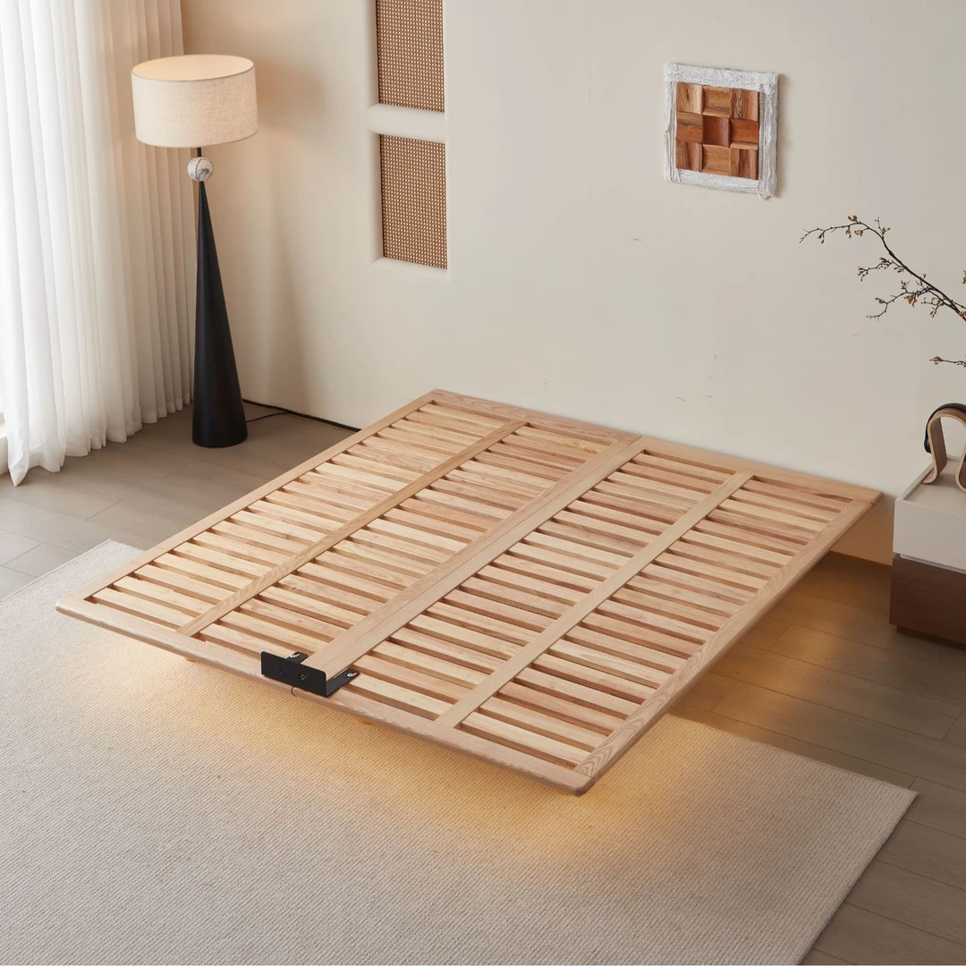 莱喀白蜡木无床头悬浮床排骨架主卧现代轻奢带感应灯实木腿双人床