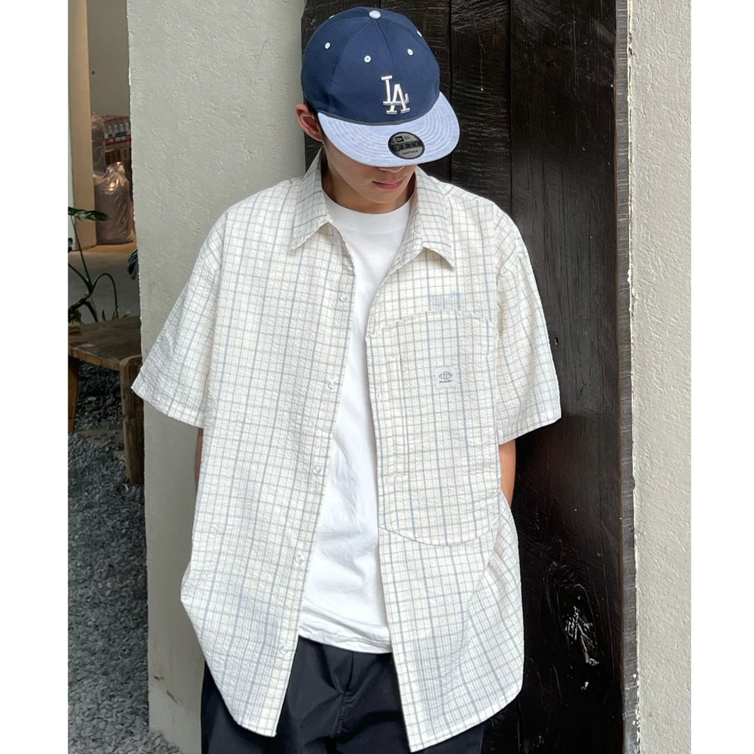 Rugby夏季日系蓝白格纹休闲宽松男女衬衫情侣百搭薄款短袖衬衫