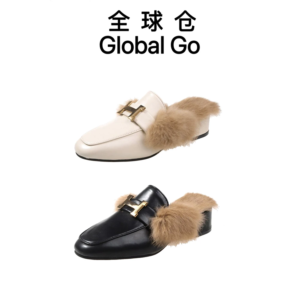 【全球仓Global Go】金属扣法式包头穆勒毛毛鞋外穿时尚休闲半拖鞋
