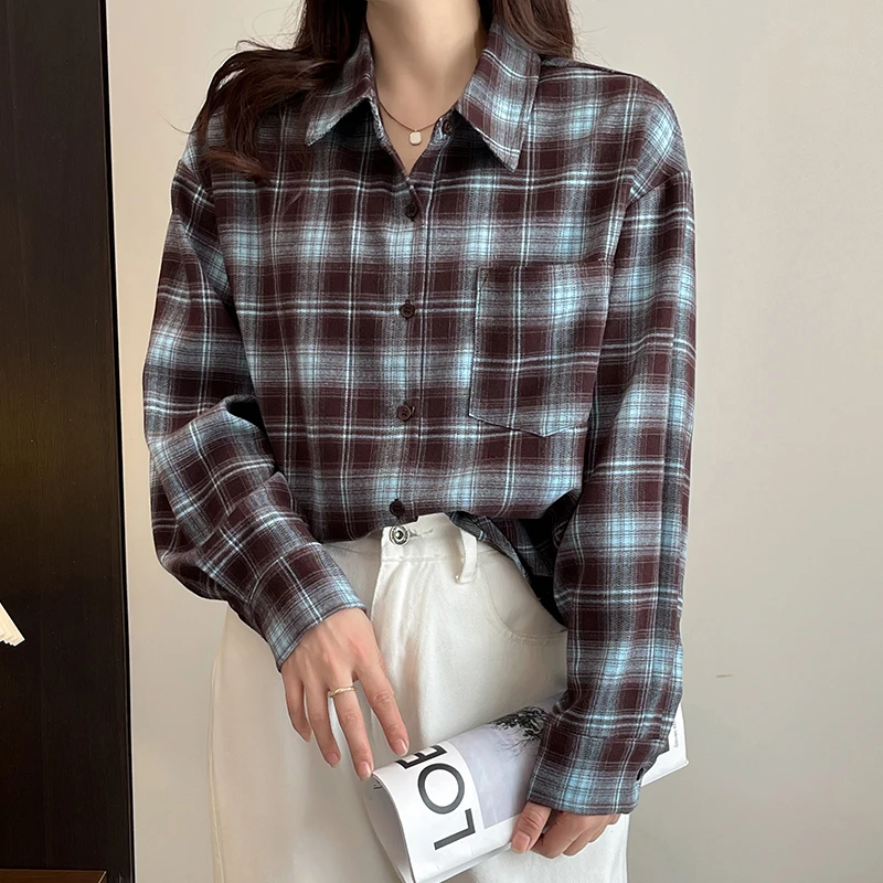 千百蔚春季时尚韩版磨毛格子衬衫小众复古宽松百搭港风长袖外穿