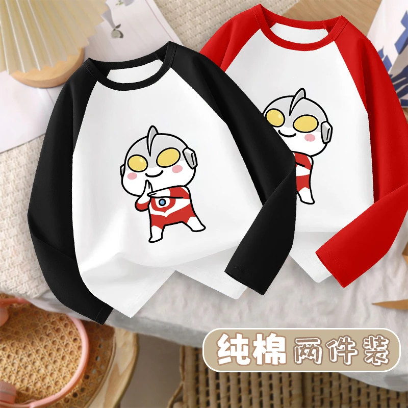 儿童秋季薄款纯棉长袖T恤上衣男童洋气卡通拼接袖撞色拼色打底衫