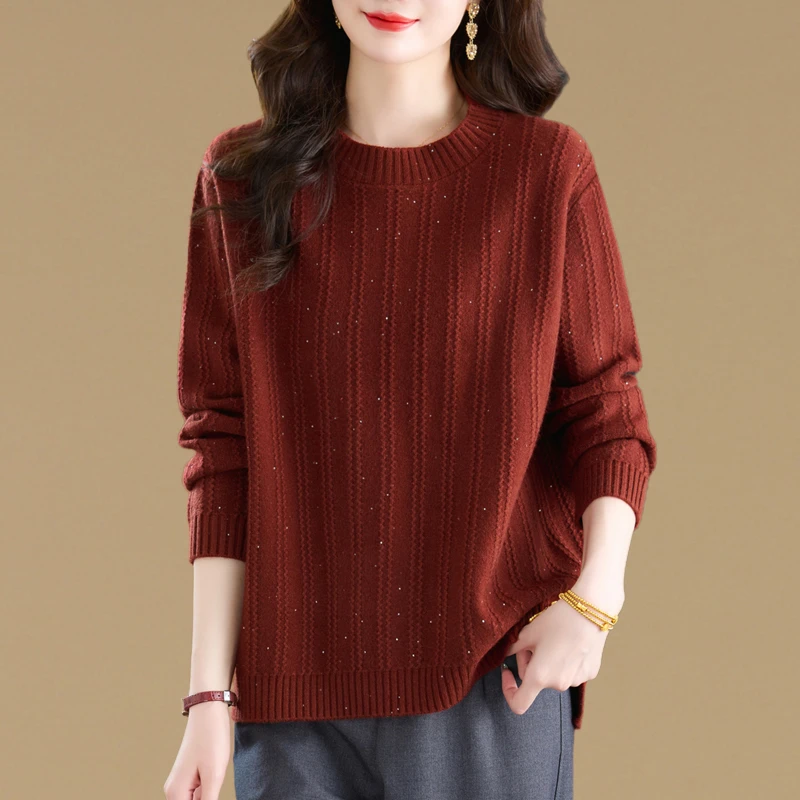 高级感气质圆领开叉毛衣女短款套头秋冬大码宽松加厚针织打底衫潮