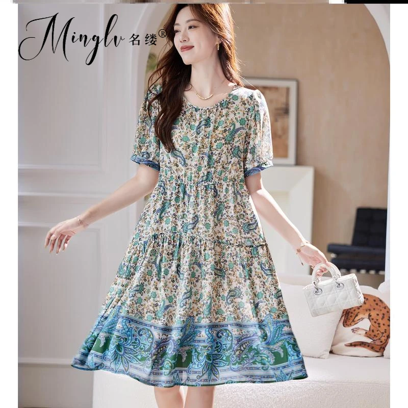 名缕女装圆领印花短袖高端裙2025夏季气质时尚休闲波西米亚连衣裙