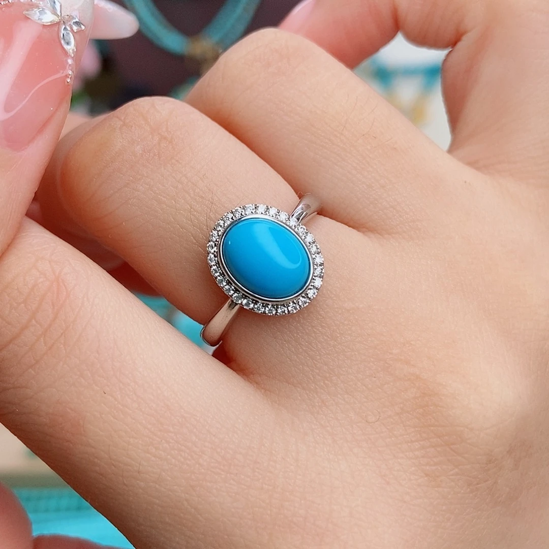 绿松石银S925镶嵌精品高瓷蓝女戒