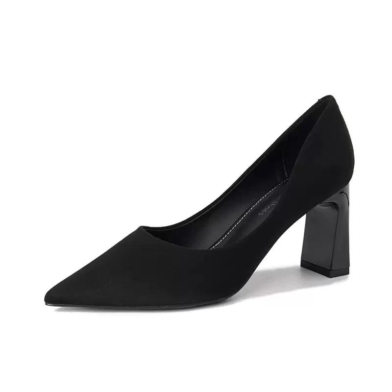 不累脚粗跟尖头高跟鞋女黑色绒面职业OL单鞋日常工作外穿百搭气质