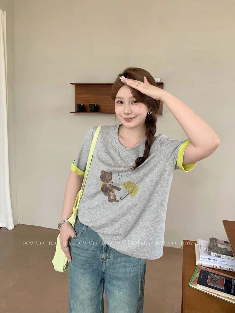 大婉酱肉肉微胖定制【维尼T】圆领卷边拼接设计小熊印花上衣9169X