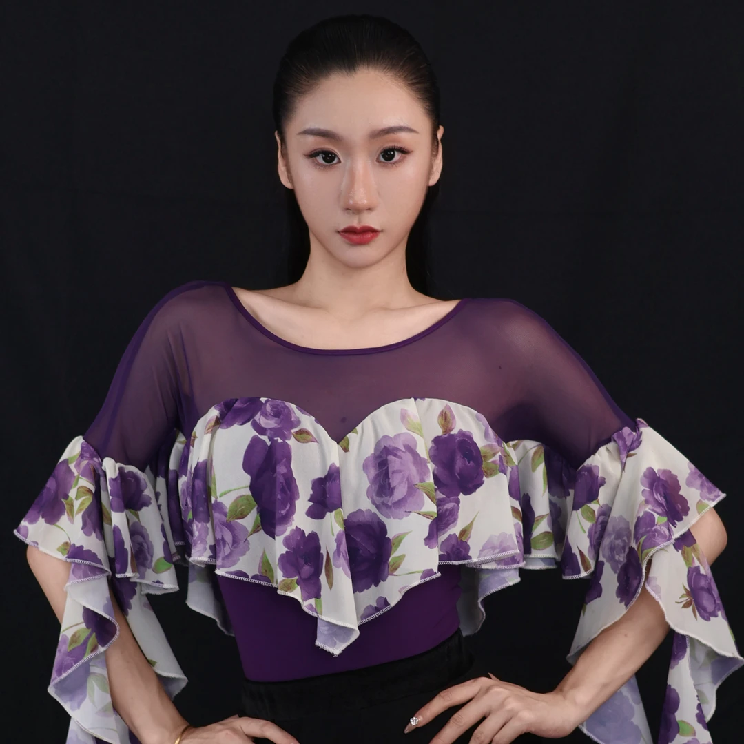 Tina舞服春夏设计款不规则紫粉浪漫牡丹雪纺飘带印花上衣A06