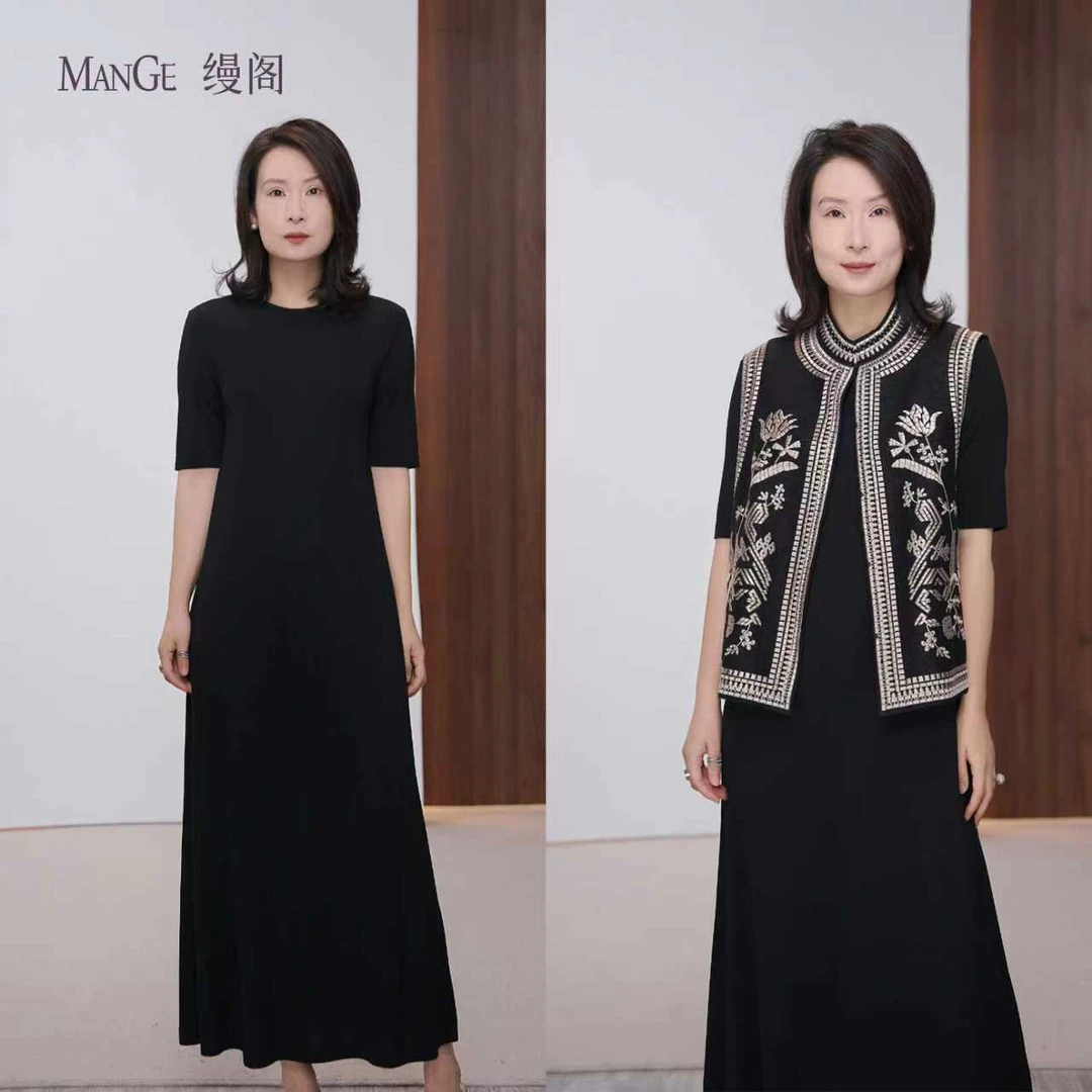 MANGE缦阁 简约百搭圆领拉链 黑色半袖连衣裙