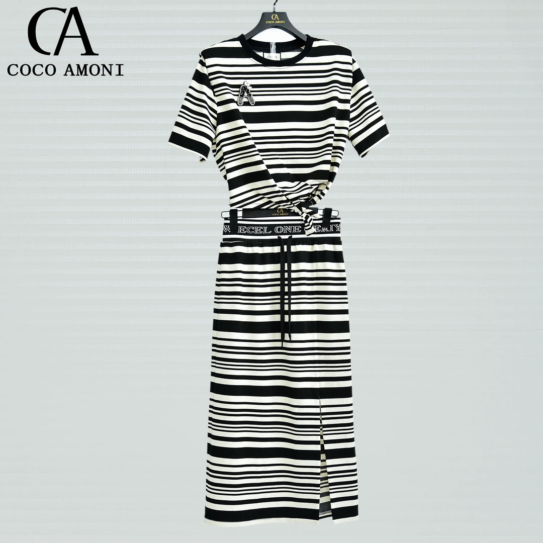 【LZ】小香轻奢套装裙子两件套经典黑白条纹短上衣针织半身裙TG040