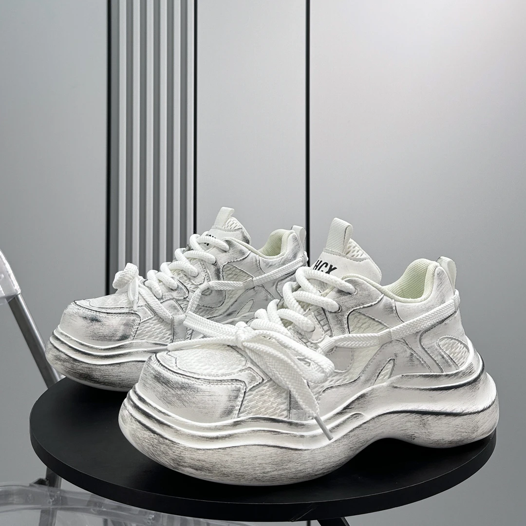 okkdey擦色做旧老爹鞋男款网面男式运动鞋秋季透气厚底内增高休闲