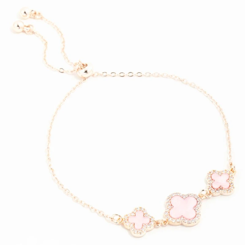 合金树脂项链 玫瑰金水钻粉色三重花朵项链轻奢四叶草小众锁骨链