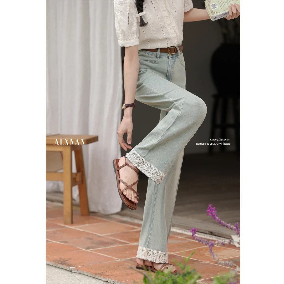 【粉丝福利】鹿向南「茉莉花道」复古蕾丝花边直筒牛仔裤女新款L53551