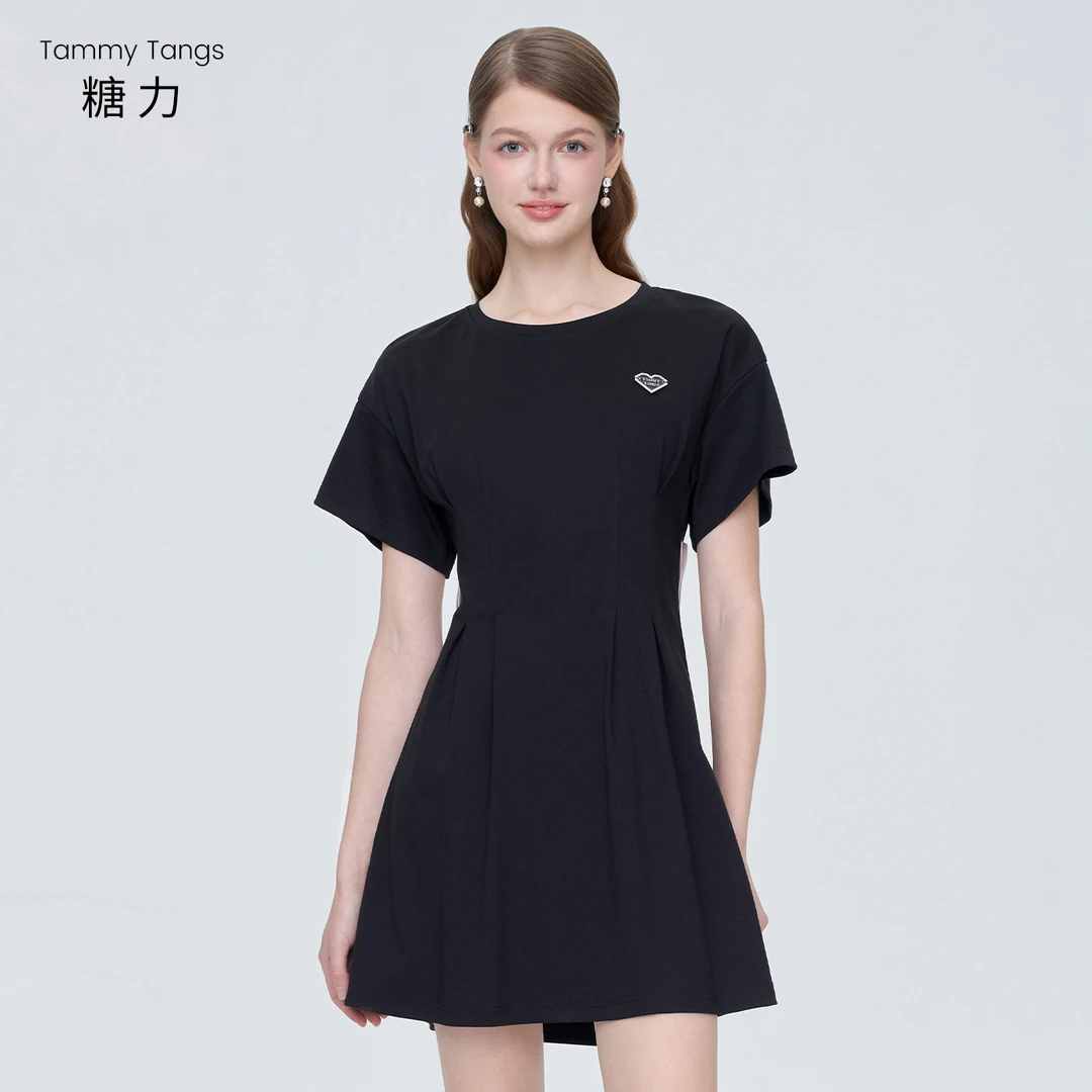 【商场同款】糖力 甜美减龄后背蝴蝶结收腰短袖T恤连衣裙女夏季