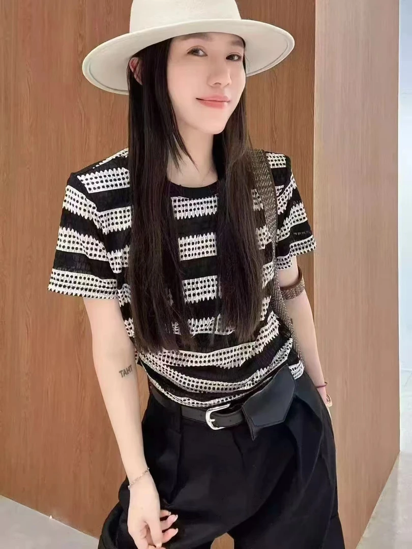 显瘦中长款条纹短袖纯色撞色条纹休闲大码洋气时尚女士韩版上衣