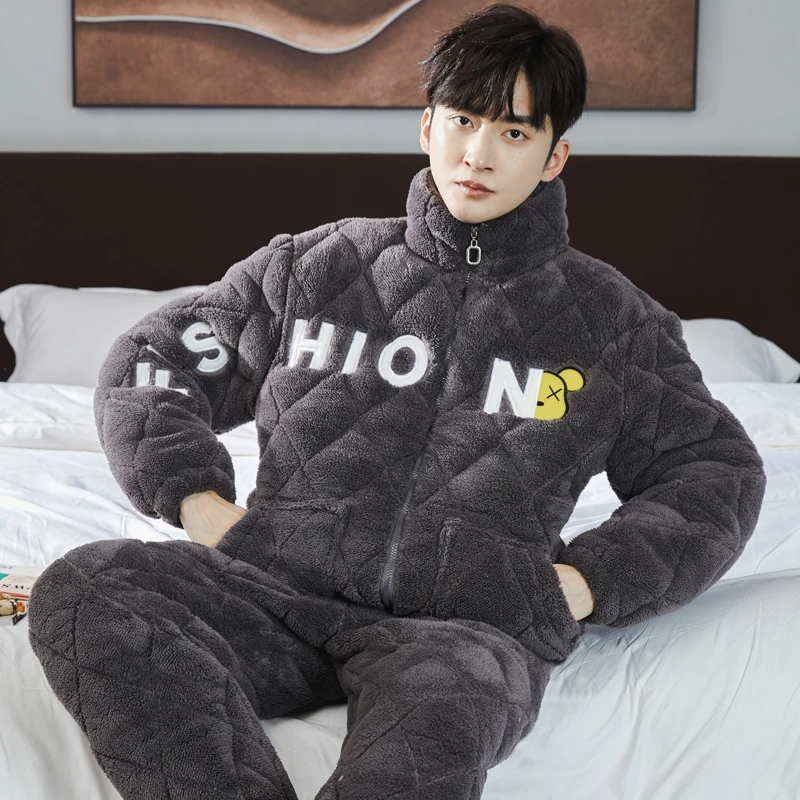 冬季三层夹棉男士睡衣套装珊瑚绒加厚加绒保暖可外穿法兰绒家居服