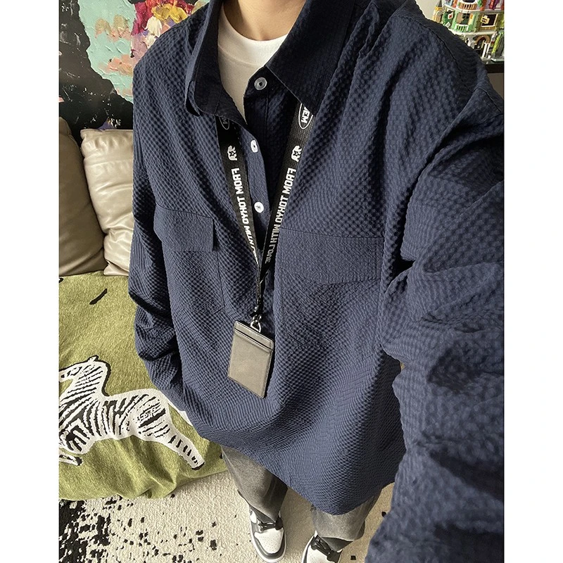 范索米男士休闲百搭多口袋长袖衬衫泡泡纱纯色简约宽松工装衬衣潮