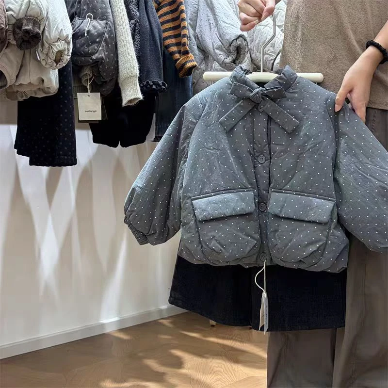 女童冬装加绒波点外套棉服2025女孩韩系休闲夹棉外套洋气百搭上衣