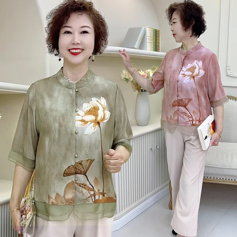 妈妈春夏新款中袖衬衫高贵阔太太T恤洋气时尚小衫上衣中老年女装