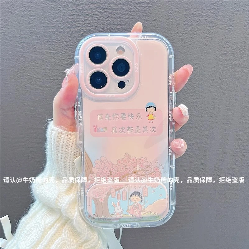 快乐小丸子镜面支架适用苹果16华为vivo小米15OPPO新款羽纱手机壳