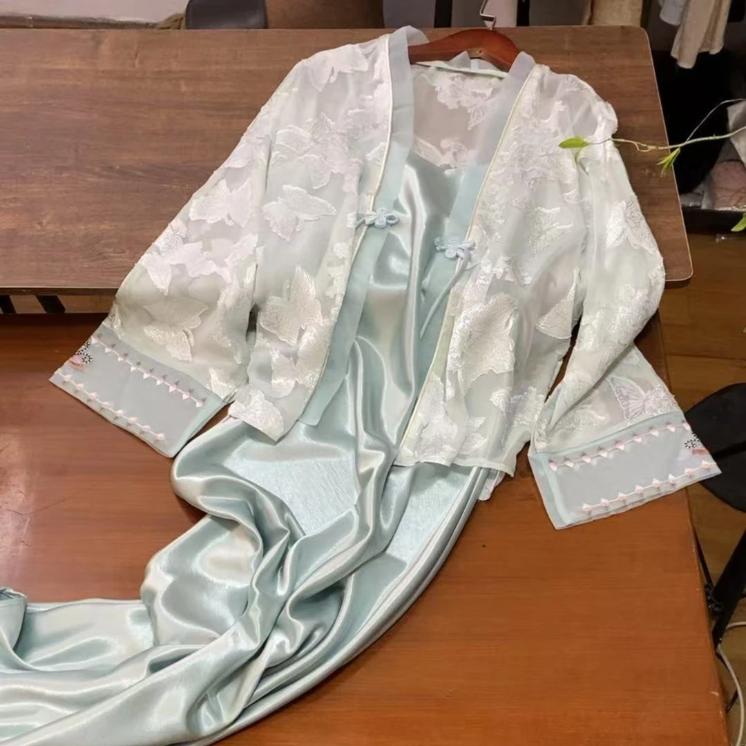 【一只蝶】（渺渺感—微凉）夏季宽松大V领防晒外套女士重工复古
