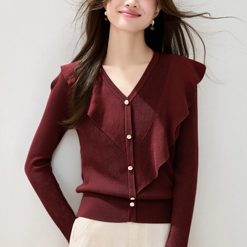 荷叶边上衣女轻奢高级感V领打底衫冬季薄款独特漂亮小众毛衣减龄