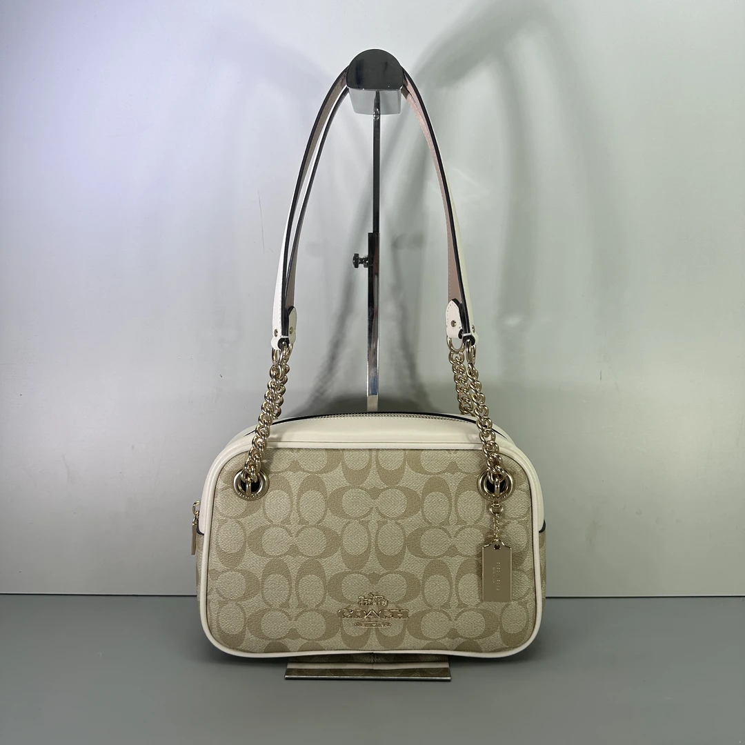 99新 COACH/蔻驰 Cammie白拼老花单肩链条相机包26x17x8cmM091605