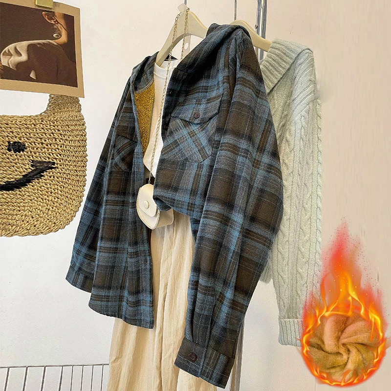 秋冬新款连帽格子衬衫宽松休闲加绒加厚百搭衬衣长袖外套上衣