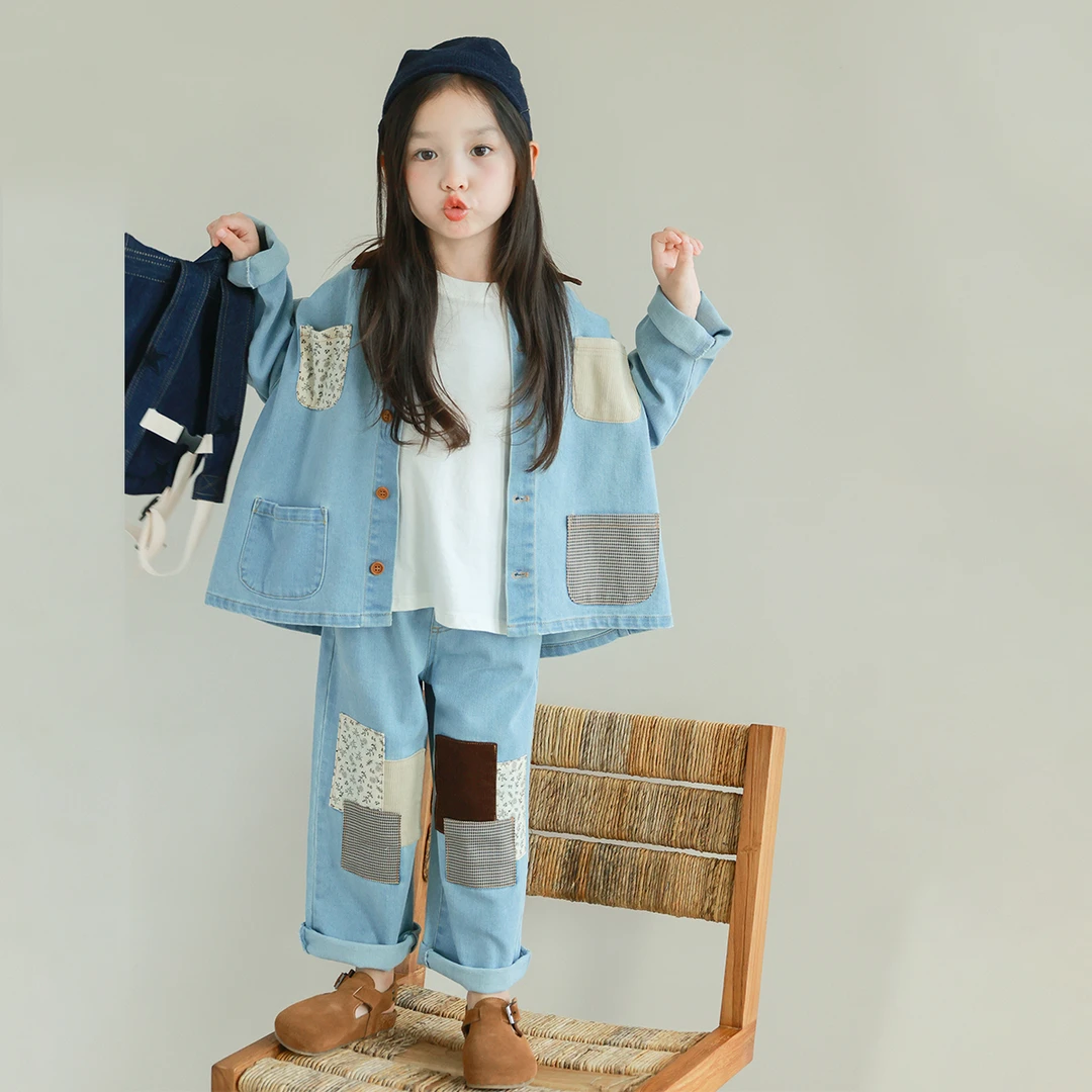 utouto大耳象翻领牛仔外套+拼接贴布牛仔裤2024秋季新款2408594