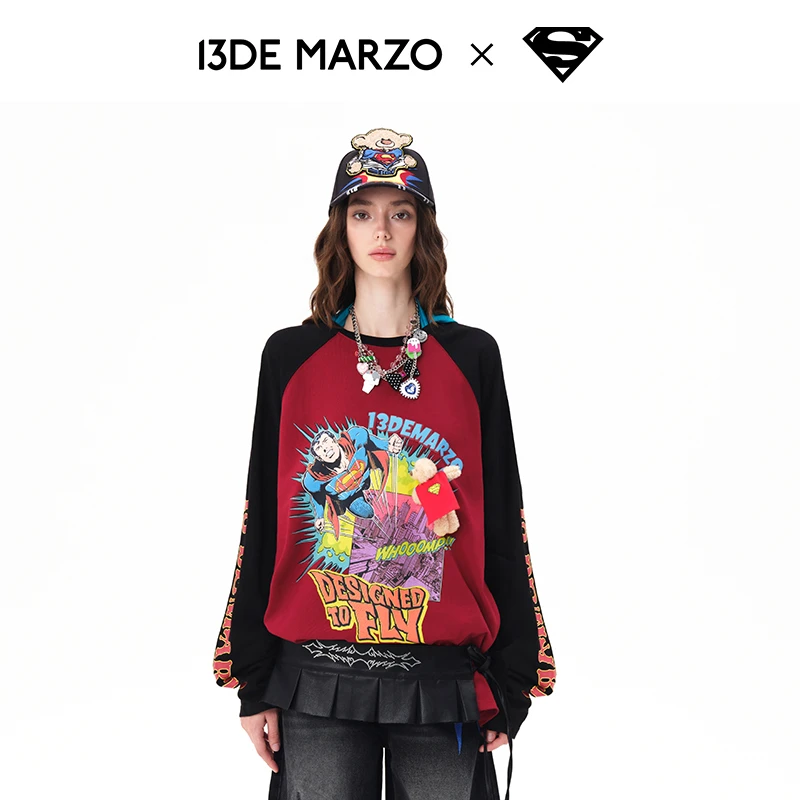 13DE MARZO男女同款 25早秋新款DC Superman联名系列插肩长袖T恤