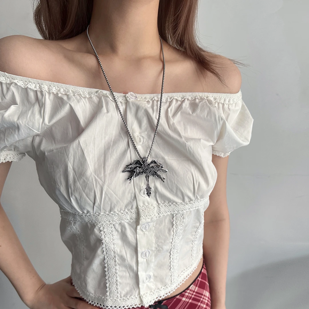 合金项链 X5376-1暗黑朋克个性时尚小众设计感六翼天使十字架项链