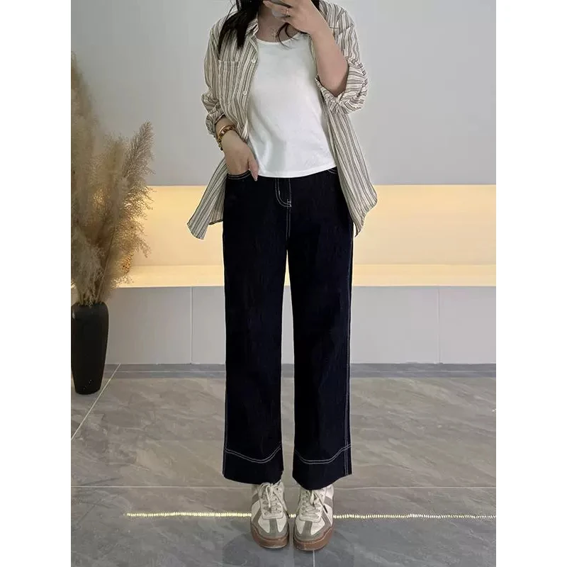 深蓝色直筒牛仔裤女春季新款胖mm梨形身材高腰宽松显瘦九分阔腿裤