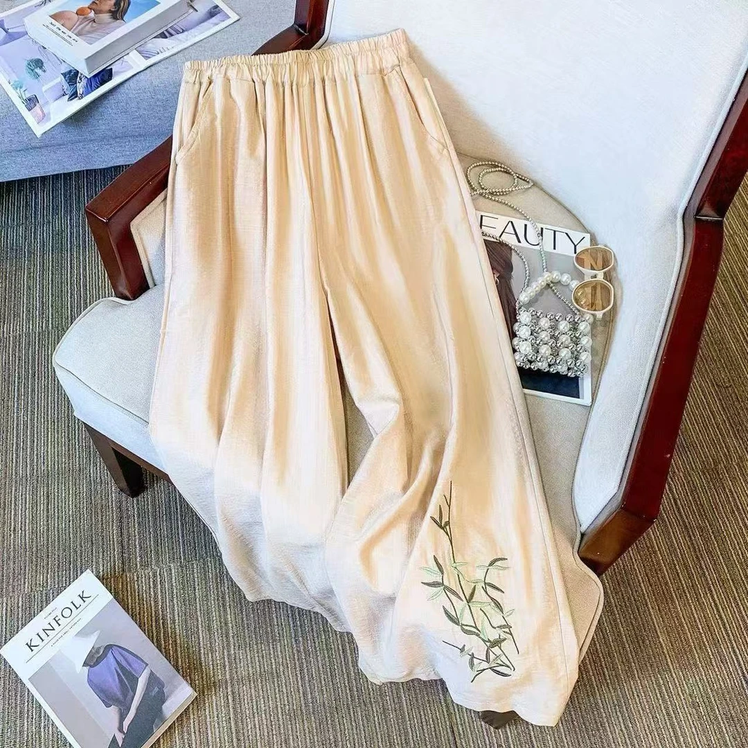 【现货+运费险】棉麻休闲裤绣花阔腿直筒文艺复古民族显瘦裤V345