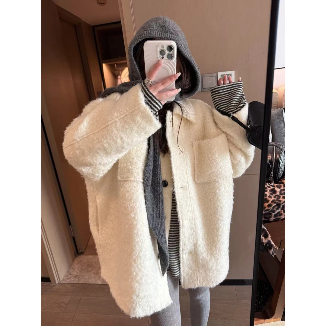 SP 黑色羊毛圈加厚夹棉慵懒毛呢外套女蝙蝠袖单排扣大衣