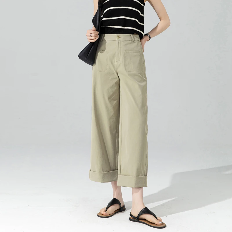 免烫抗皱裤子女2026新款春季显瘦窄版阔腿裤休闲九分裤卷边直筒裤