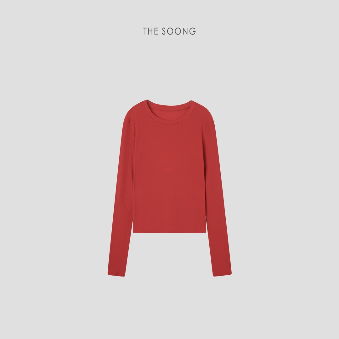 THESOONG|极简樱桃红棉质透气肌理感圆领长袖T恤上衣女HBTX6630