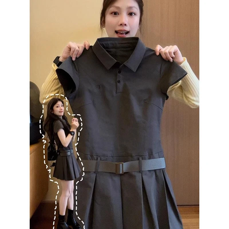 韩系甜美学院风灰色polo领连衣裙女夏季修身收腰a字百褶裙短裙子