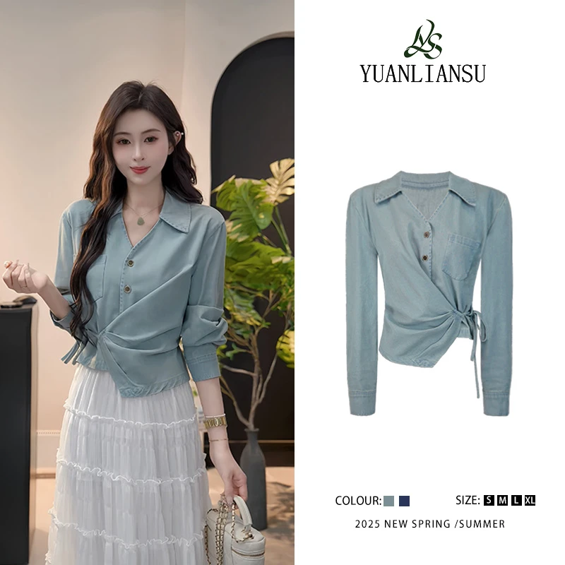 YUANLIANSU/圆脸酥【蓝色绘梦】春季蓝色不规则绑带长袖牛仔衬衫女