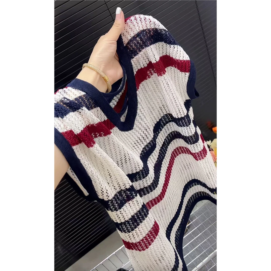 【现货】今年流行穿搭2025夏季新款条纹圆领毛针织衫宽松抽绳上衣