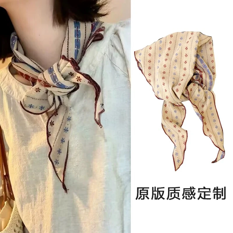 韩系2025新款棉麻复古条纹三角巾春夏护颈高级感透气薄款包头护颈